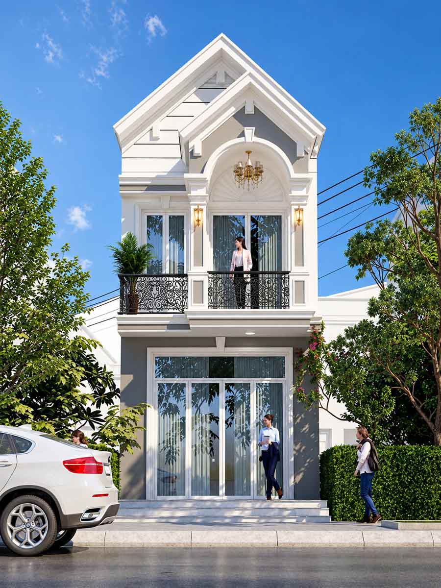 Mẫu nhà ống 2 tầng mái Thái mặt tiền 5m thiết kế tối giản