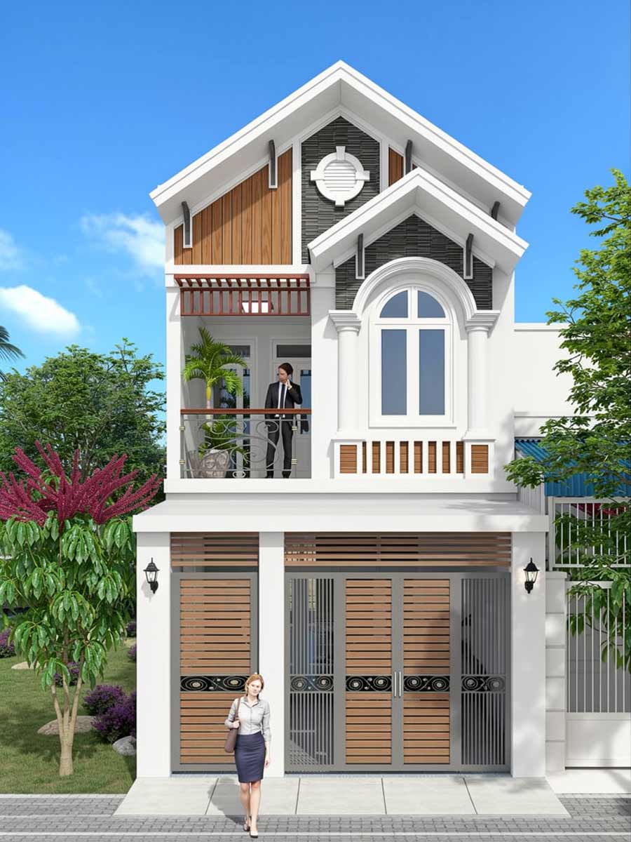 Mẫu nhà ống 2 tầng mái Thái mặt tiền 5m thiết kế tối giản