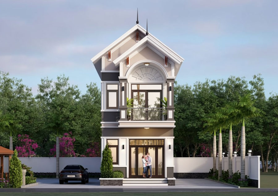 Mẫu nhà ống 2 tầng mái Thái mặt tiền 5m thiết kế tối giản
